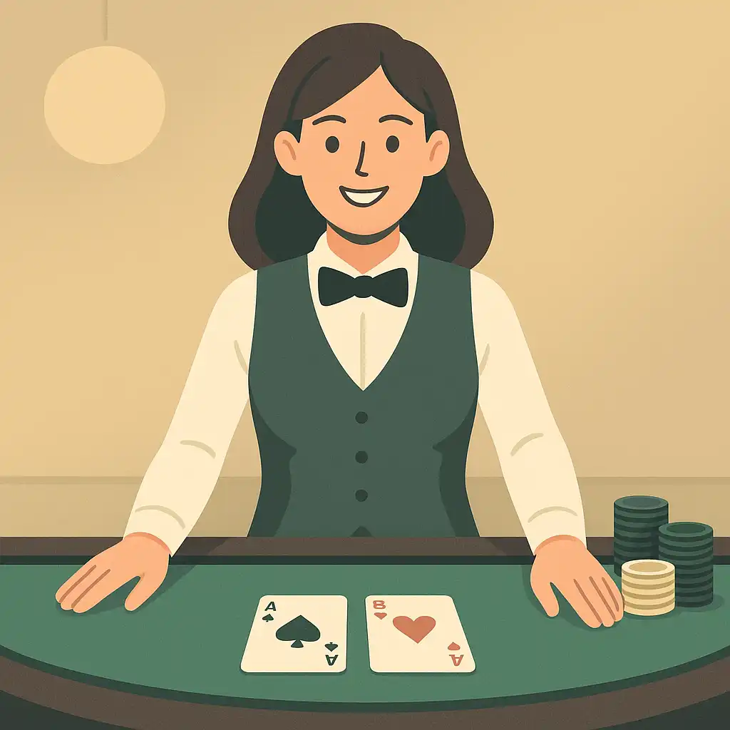 Live dealer standing at a casino table with cards and chips