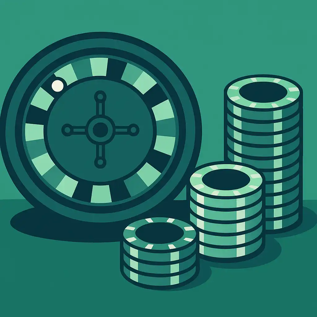 Roulette wheel and poker chips on a green casino table