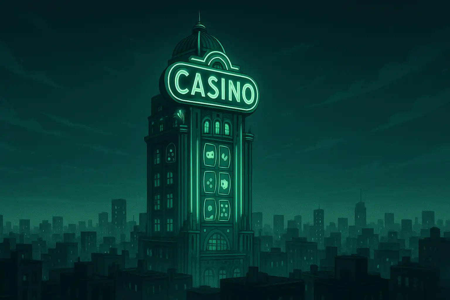 Neon casino tower rising above a night skyline with glowing reels